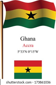 ghana wavy flag and coordinates against white background, vector art illustration, image contains transparency