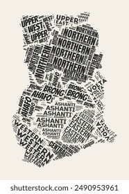 Ghana Word Cloud. Country with regions division. Ghana typographic text clouds vector image design. Vintage gazette style country shape image. Trending vector illustration.