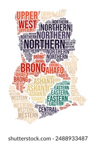 Ghana Word Cloud. Country shape with region division. Ghana typography style image. Region names tag clouds. Vector illustration.