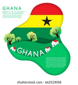 Ghana  : World Flag in paper cut shapes with trees and mountains in the layers : Vector Illustration
