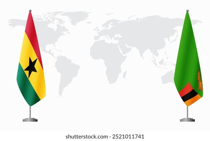 Bandeiras de Gana e da Zâmbia para reunião oficial contra fundo do mapa do mundo.