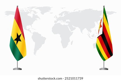 Bandeiras de Gana e Zimbábue para reunião oficial contra o fundo do mapa do mundo.