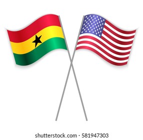 Ghanaian and American crossed flags. Ghana combined with United States of America isolated on white. Language learning, international business or travel concept.