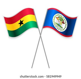 Ghanaian and Belizean crossed flags. Ghana combined with Belize isolated on white. Language learning, international business or travel concept.