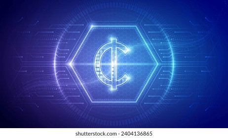 Ghanaian Cedi (GHS), CENT, Futuristic Currency Finance Symbol, Hologram Cybernetic Neon Glow Translucent Circuit Board Digital Technology Hexagon Block Backdrop Background