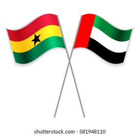 Ghanaian and Emirian crossed flags. Ghana combined with United Arab Emirates isolated on white. Language learning, international business or travel concept.