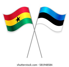 Ghanaian and Estonian crossed flags. Ghana combined with Estonia isolated on white. Language learning, international business or travel concept.