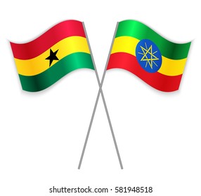 Ghanaian and Ethiopian crossed flags. Ghana combined with Ethiopia isolated on white. Language learning, international business or travel concept.
