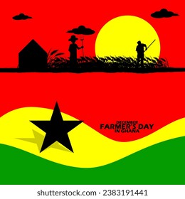 Bandera ghanesa con ilustración de una granja con trabajadores y texto en negrita para conmemorar el Día del Agricultor en Ghana el 1 de diciembre