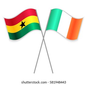 Ghanaian and Irish crossed flags. Ghana combined with Ireland isolated on white. Language learning, international business or travel concept.