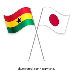 Ghanaian and Japanese crossed flags. Ghana combined with Japan isolated on white. Language learning, international business or travel concept.