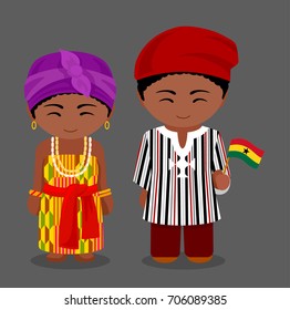 Ghanaian in national clothes with a flag. Man and woman in traditional costume. Cute cartoon characters. Travel to  Republic of Ghana. People. Vector flat illustration.