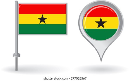 Ghanaian pin icon and map pointer flag. Vector illustration.