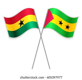 Ghanaian and Sao Tomean crossed flags. Ghana combined with Sao Tome and Principe isolated on white. Language learning, international business or travel concept.