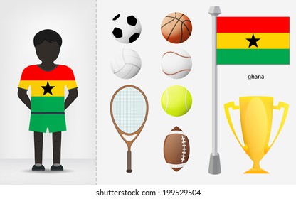 Ghanaian sportsman with sport equipment collection vector illustrations