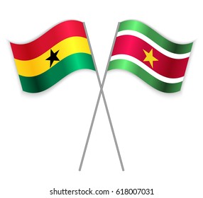 Ghanaian and Surinamese crossed flags. Ghana combined with Suriname isolated on white. Language learning, international business or travel concept.
