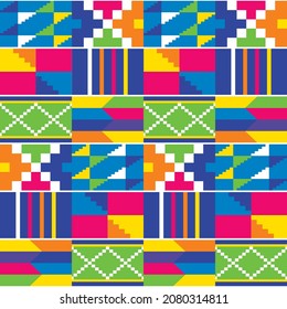 Patrón vectorial sin costuras étnico de Ghana con formas geométricas, estilo Kente nwentoma vectorial colorido textil o impresión de tela. Ornamento repetitivo africano, estilo de vestido de novia Kente nativo del Akan