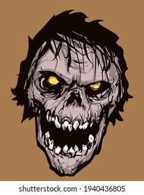 a ghastly dead man's head with an open mouth and yellow eyes
