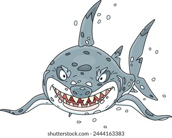 Ghastly great white shark with devious grin and giant sharp teeth in open jaws attacking from sea depths, vector cartoon illustration on a white background