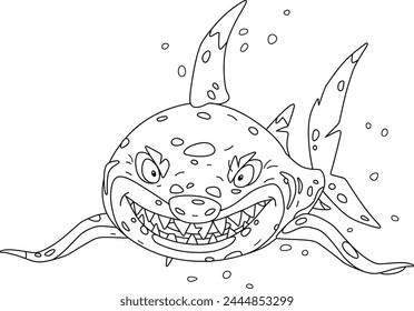 Ghastly great white shark with devious grin and giant sharp teeth in open jaws attacking from sea depths, lack and white vector cartoon illustration for a coloring book