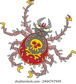 Ghastly and very dangerous bloodsucking tick pirate with a skull and crossed bones on its back, vector cartoon illustration on a white background