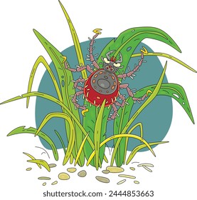 Ghastly and very dangerous bloodsucking tick hiding and hunting among leaves of grass in a summer forest, vector cartoon illustration on a white background svg