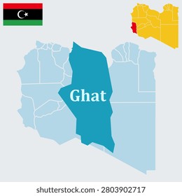 Ghat Libya Map - Fezzan Region Capital, Algerian Border and Trans-Saharan Trade Route Vector Outline.