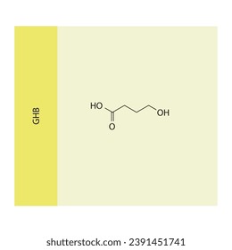 Estructura molecular GHB, diagrama de fórmula esquelética sobre fondo amarillo. Ilustración vectorial EPS10 científica.