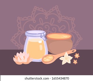 Ghee butter. Vector illustration of traditional Indian clarified dairy product. Set of a glass jar, clay pot, wooden spoon, flowers, and Mehndi ornament. Healthy eating and Cooking theme.