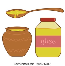 Gé mantequilla en una cuchara de madera, en un frasco de vidrio, en una olla de arcilla. Juego de iconos lineales de dibujos animados con relleno. Ilustración vectorial plana brillante