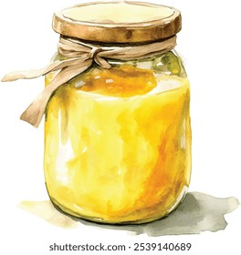 Ghee in a jar watercolor hand painted. Clarified butter with a rich golden color isolated on white background.