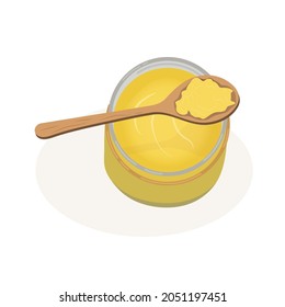 Ghee oil in a jar top view. A wooden spoon with ghee butter lies on a glass jar. Useful natural bright Ayurvedic food. Cartoon flat vector illustration