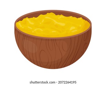 Ghee in wooden bowl with spoon. Asia traditional butter in cartoon style. Food ingredient for cooking.
