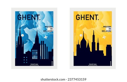 Ghent Belgium city poster pack with abstract skyline, cityscape, landmarks and attractions. Europe travel vector illustration set for brochure, website, page, presentation