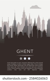 Ghent city template for website, presentation, front page, invitation, publication sheet with skyline, landmarks. Vector Belgium image layout, simple and grayscale