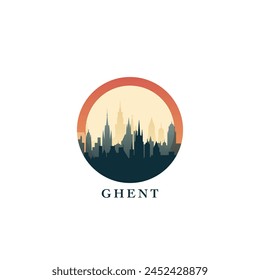 Paisaje urbano de Gante, insignia de Vector degradado, logotipo plano del horizonte, ícono. Idea de emblema redondo de la ciudad de Bélgica con Lugares famosos y siluetas de construcción. Gráfico aislado
