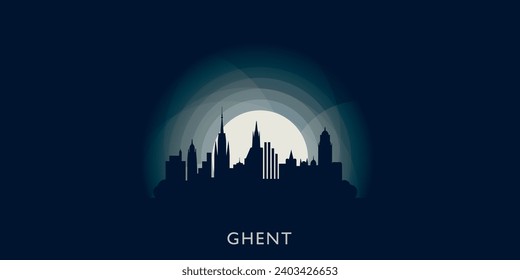 Ghent cityscape skyline city panorama vector flat modern banner illustration. Belgium region town emblem idea with landmarks and building silhouettes at sunrise sunset night