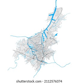 Ghent, East Flanders, Belgium high resolution vector map with city boundaries and editable paths. White outlines for main roads. Many detailed paths. Blue shapes and lines for water.