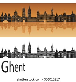 Ghent skyline in orange background in editable vector file