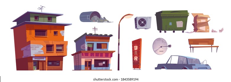 Ghetto buildings, litter bin, broken car, bar signboard, street lamp, carton boxes, ventilation and satellite antenna, abandoned ruined old houses. Dilapidated dirty street isolated cartoon vector set