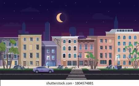 Ghetto landscape at night vector illustration, cartoon flat neighborhood cityscape with slum city street and dirty shanty houses, home for poor people, unfavorable abandoned residential area.