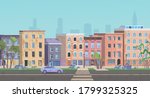 Ghetto landscape vector illustration. Cartoon neighborhood cityscape slum city street, dirty shanty houses, poor people home, homeless dog, garbage on road. Unfavorable abandoned residential area.