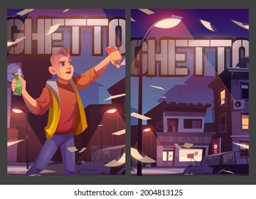 Ghetto posters with poor dirty houses and street artist with spray. Vector flyers with cartoon illustration of teenager painting on building and cityscape with slum, broken car and garbage