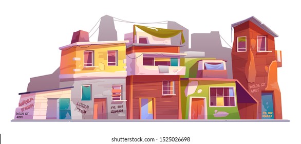 Ghetto with ruined buildings, abandoned old houses with broken windows and scribbled flaky walls. Dilapidated dirty street dwellings isolated on white background cartoon vector illustration, clip art