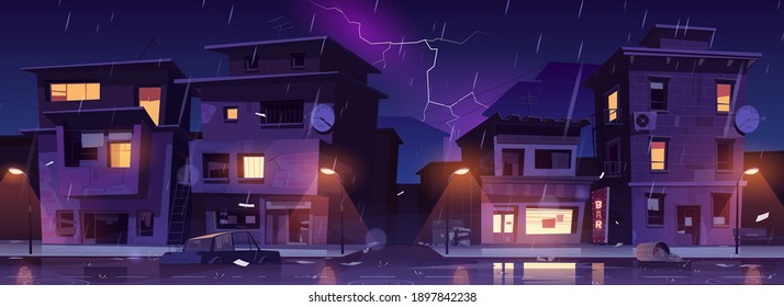 Ghetto street at night rain with lightnings, slum ruined abandoned old buildings flooded with water shower. Dilapidated dwellings stand on roadside with scatter litter, cartoon vector illustration