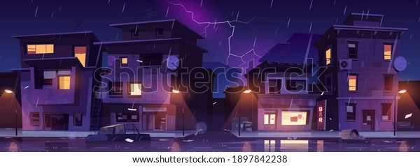 Ghetto street at night rain with lightnings,
slum ruined abandoned old buildings flooded with water shower.
Dilapidated dwellings stand on roadside with scatter litter,
cartoon vector
illustration
