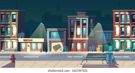 Ghetto street at night, slum houses, old buildings with glow windows and graffiti on walls. Dilapidated dwellings stand on roadside with lamps, fire hydrants, litter bins cartoon vector illustration