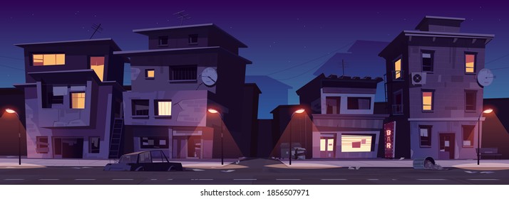 Ghetto street at night, slum ruined abandoned old buildings with glowing windows. Dilapidated dwellings stand on roadside with street lamps, car body and scatter litter cartoon vector illustration