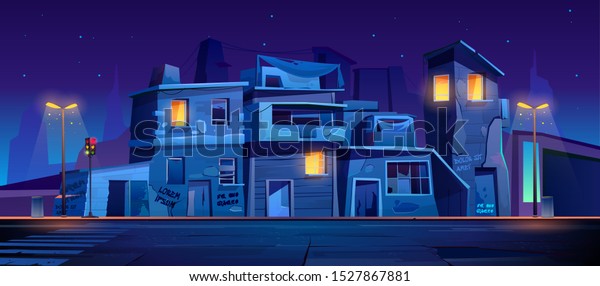 夜のゲットー街 スラム街は廃屋を破壊し 輝く窓を持つ古い建物を破壊した 横断歩道 ランプ 信号機の漫画のベクターイラスト を使って道端に老朽化した住居が立つ のベクター画像素材 ロイヤリティフリー