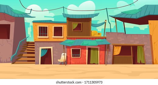 Ghetto street with poor dirty houses. Vector cartoon illustration of slum, neighborhood with old broken buildings, crowded dilapidated shacks. Poverty concept. Empty shantytown